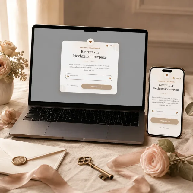 Laptop und Smartphone mit symbolisch geschützter Hochzeitswebsite neben einer Hochzeitseinladung.
