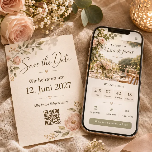 Gedruckte Save-the-Date-Karte neben einem Smartphone mit digitaler Hochzeitshomepage.