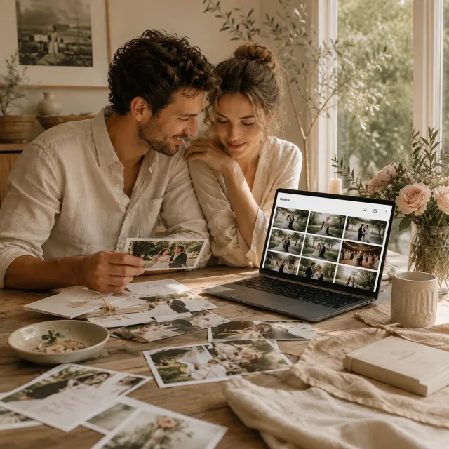 Ein Paar sortiert nach der Hochzeit Gästefotos und schaut eine digitale Bildergalerie am Laptop an.
