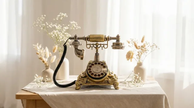 Helles Retro-Telefon auf einer festlich gedeckten Hochzeitstafel mit roséfarbenen Blumen.