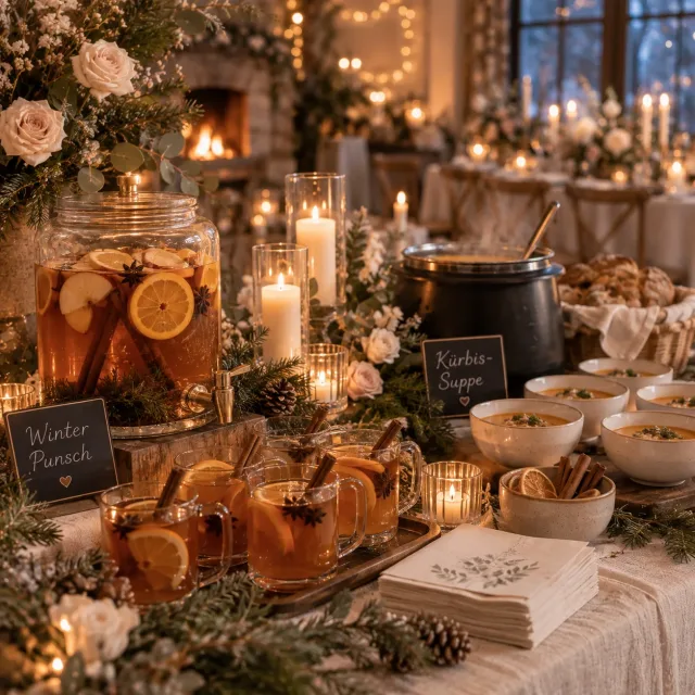 Winterliche Hochzeitsstation mit warmem Punsch, Suppe, Kerzen und dezenter Blumendekoration