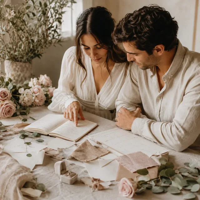 Zwei Verlobte planen an einem Tisch die wichtigsten Eckpunkte ihrer Hochzeit mit Notizbuch, Blumen und Stoffmustern.