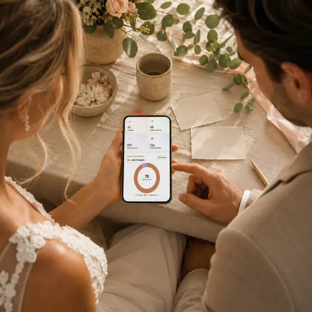 Brautpaar prüft gemeinsam Online-Zusagen auf einem Smartphone neben dezenten Platzkarten und Blumen