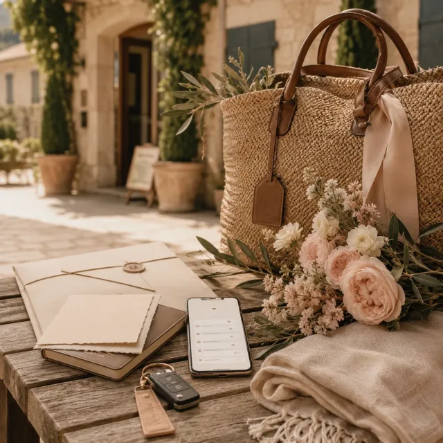 Reisegepäck, Smartphone und Hochzeitsdetails für ein mehrtägiges Hochzeitswochenende.