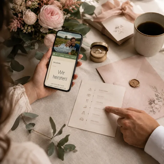 Hände eines Paares planen mit Smartphone, Ablaufkarte und Papeterie ihre Hochzeitshomepage.