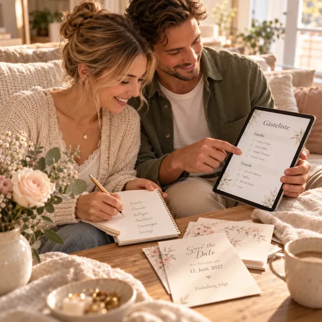 Paar stimmt seine Gästeliste ab und plant, wer ein Save the Date erhalten soll.