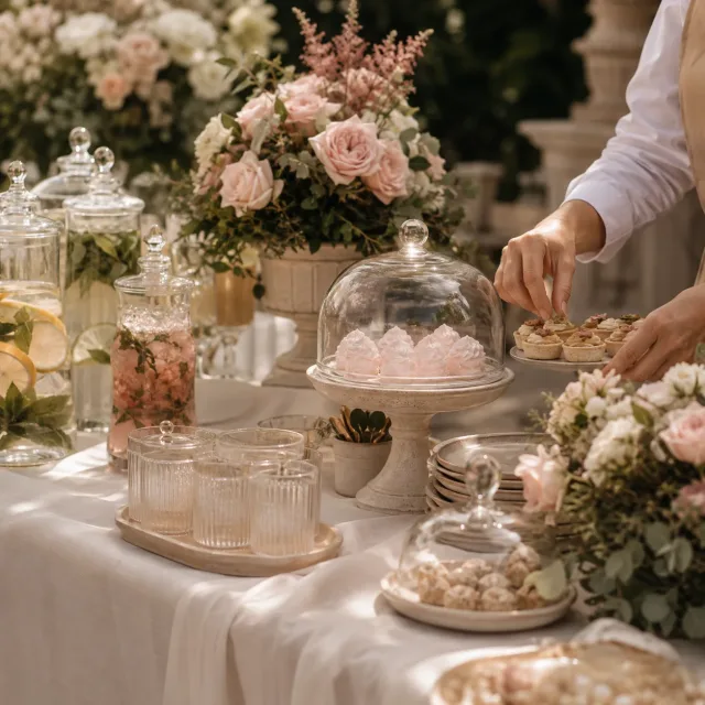 Abgedeckte Desserts und Getränke auf einer eleganten Hochzeitstafel im Freien.