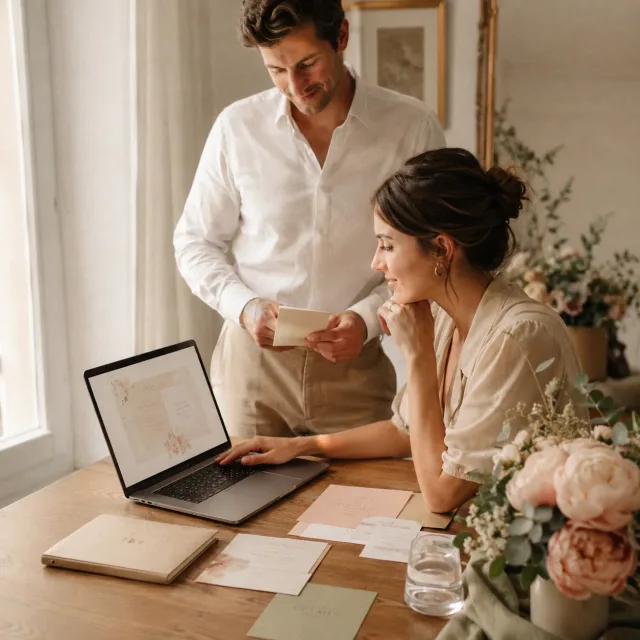 Paar ergänzt gemeinsam am Laptop Informationen für seine Hochzeitshomepage.
