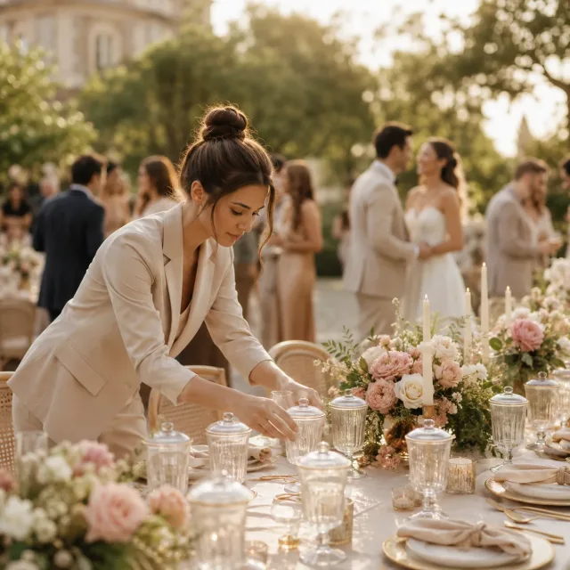 Eine Hochzeitskoordinatorin deckt Getränke an einem festlich gedeckten Tisch im Garten ab.