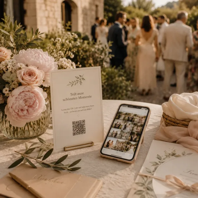 Willkommenstisch bei einer Hochzeit mit Smartphone, QR-Code-Karte und Blumenarrangement.