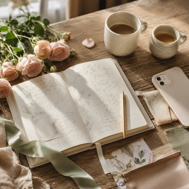 Notizbuch, Stoffproben und Blumen als Vorbereitung für den Besuch einer Hochzeitsmesse.