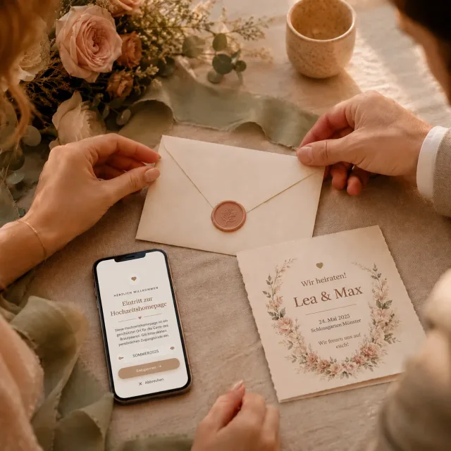 Brautpaar legt einen verschlossenen Umschlag mit Zugangshinweisen neben eine Hochzeitseinladung.