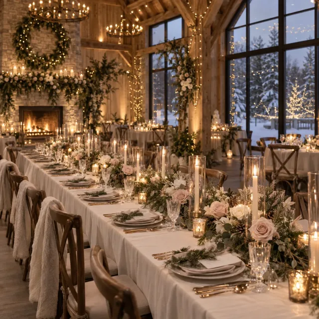 Warm dekorierter Hochzeitstisch mit Kerzen, Wintergrün und Blick auf eine verschneite Abendlandschaft
