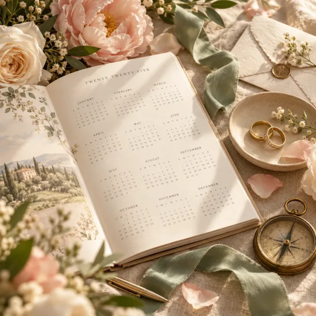 Kalender, Eheringe und florale Details liegen auf einem hellen Tisch als Symbol für die Terminplanung.