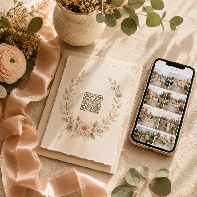 Gedruckte Hochzeitseinladung mit stilisiertem QR-Code neben einem Smartphone und Eukalyptuszweigen