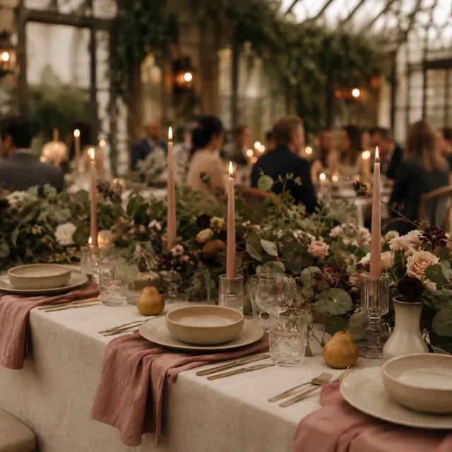 Herbstlich gedeckter Hochzeitstisch in Creme, Rosé, Beige und gedecktem Grün bei warmem Kerzenlicht.