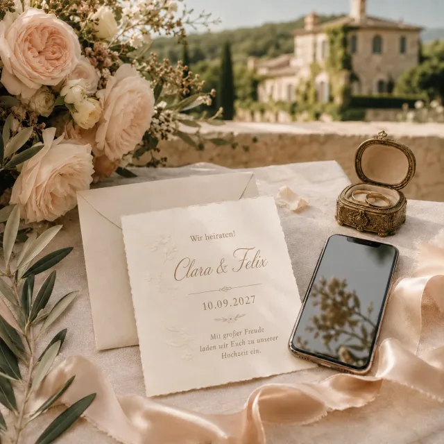 Klassisch gestaltete Hochzeitsdetails mit Smartphone, Papierkarten, Rosen und Olivenzweigen.