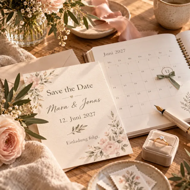 Save-the-Date-Karte mit markiertem Hochzeitstermin in einem Kalender für 2027.