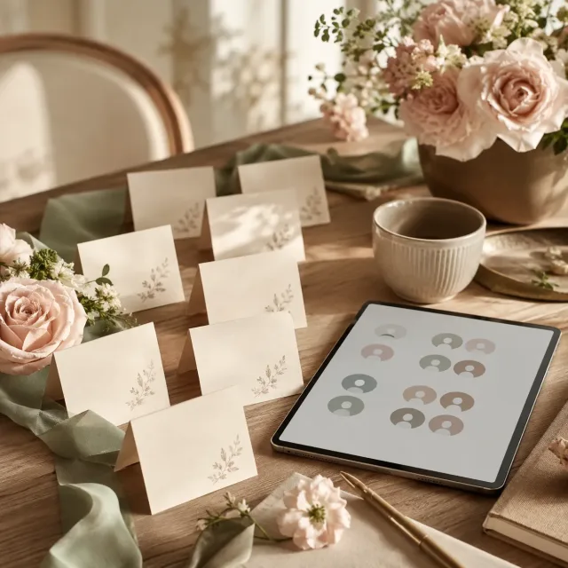 Stilvoller Planungstisch mit gruppierten Platzkarten als Symbol für Gästegruppen auf einer Hochzeitshomepage.