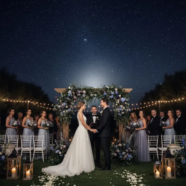 ein hochzeitspaar bei nacht unter einem bogen