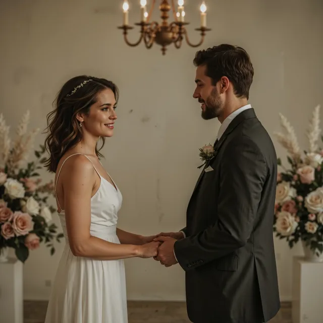 ein Hochzeitspaar hält sich an den Händen, ist alleine in einem geschmückten Saal voll Blumen