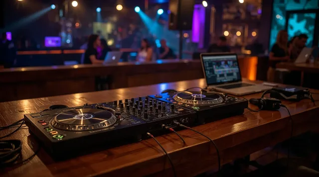 Ein Dj Set in einer Bar, rechts ein Laptop