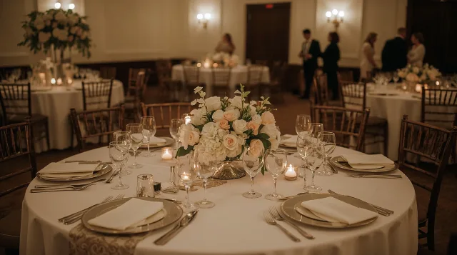 Ein Tisch auf einer Hochzeit mit einem Blumenboucet , Gläser und Besteck