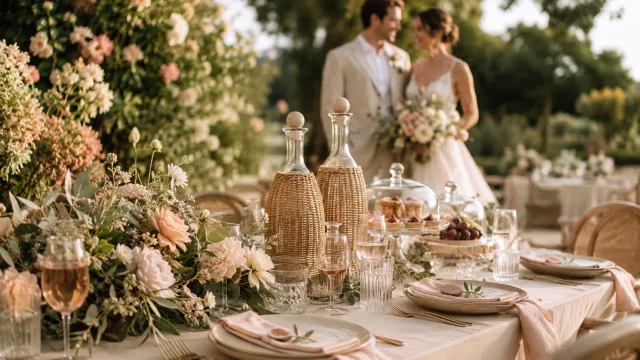 Stilvoll gedeckter Hochzeitstisch im Garten mit abgedeckten Speisen und Getränken bei warmem Spätsommerlicht.