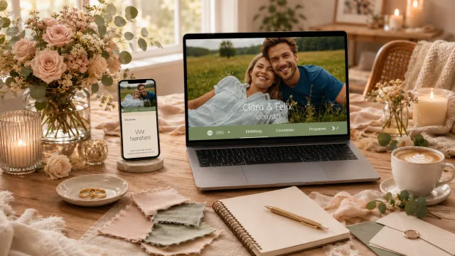 Stilvoller Planungstisch mit Smartphone, Laptop, Blumen und Hochzeitsdetails für eine digitale Hochzeitshomepage