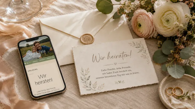 Smartphone, Umschlag und dezente Hochzeitsfloristik auf einem hellen Tisch als Symbol für digitale Hochzeitseinladungen