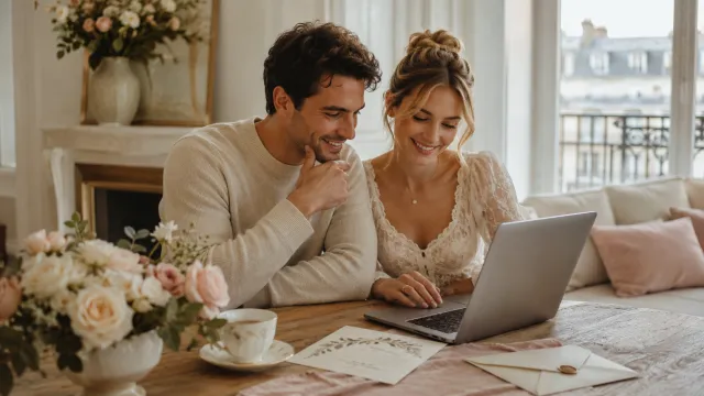 Brautpaar plant gemeinsam an einem Laptop eine passwortgeschützte Hochzeitshomepage.