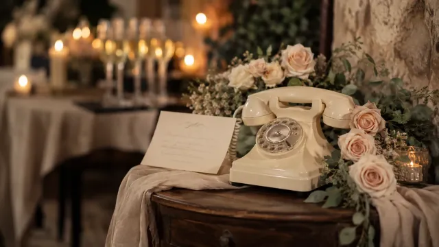 Vintage-Telefon als selbst gemachtes Audiogästebuch auf einem dekorierten Tisch bei einer Hochzeit