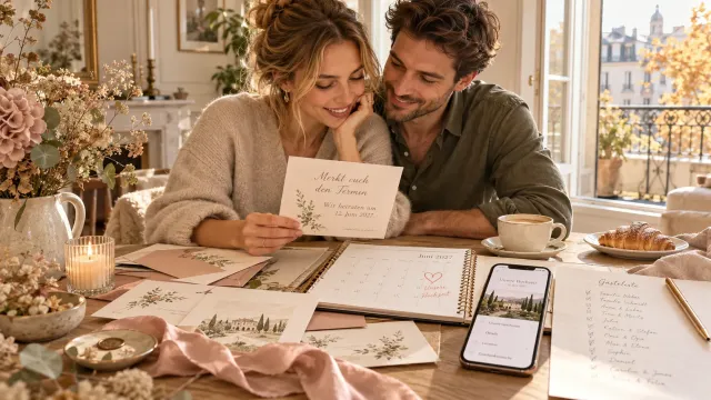 Verlobtes Paar plant an einem hellen Tisch Save-the-Date-Karten für seine Hochzeit.